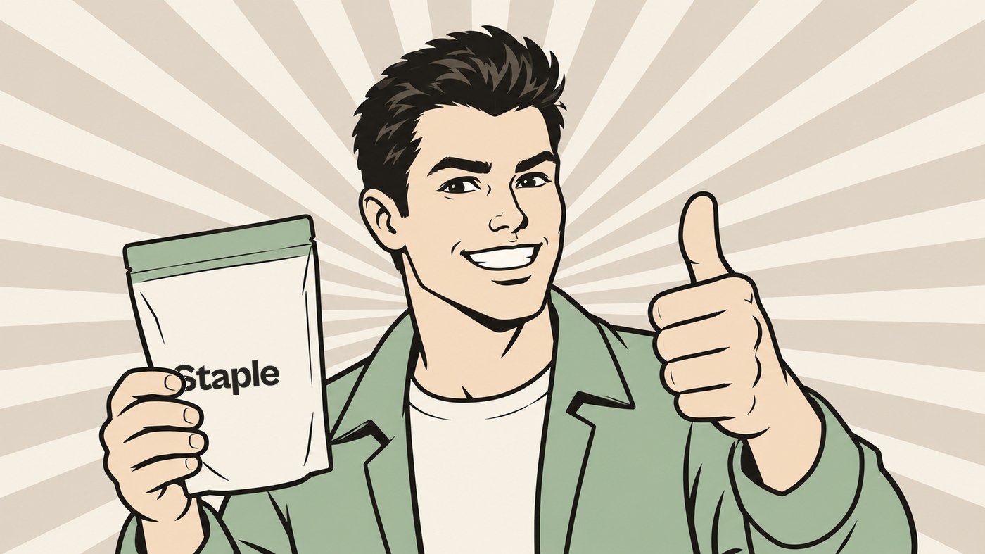 Pop-art style man giving a thumbs up while holding a Staple pouch