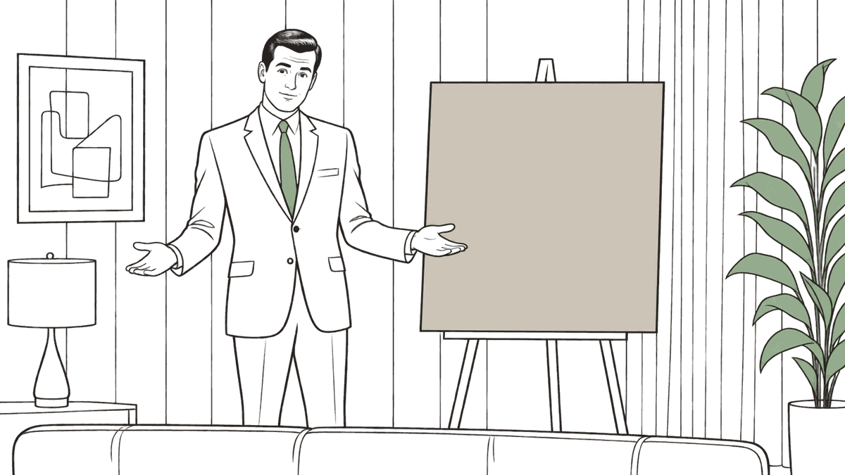 Drawing of a 1960s ad man in a suit presenting a blank board on an easel, captioned Rice, with 30g protein